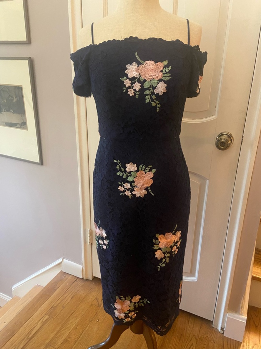 Nicole Miller Navy One-Shoulder Lace Dress with Pink Floral Embroidery